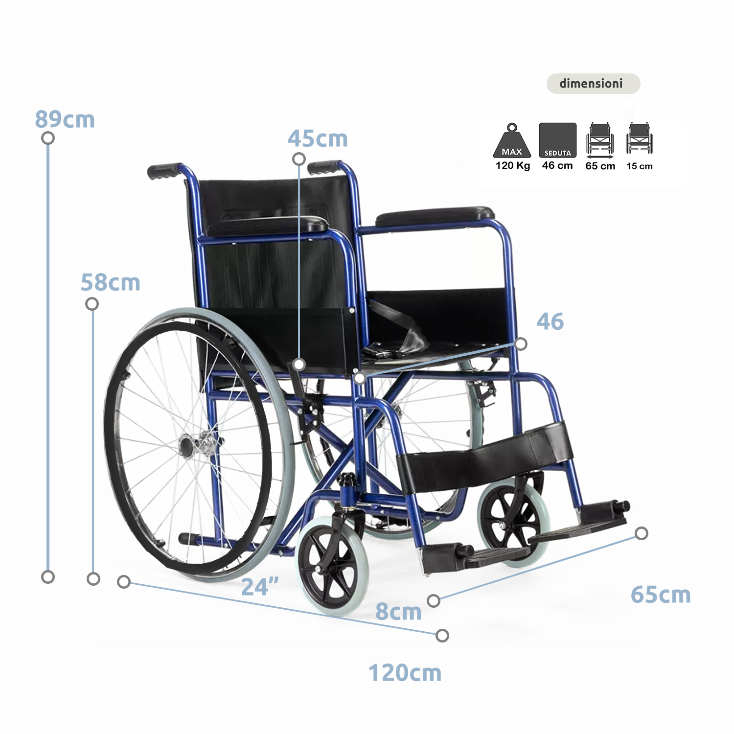 Carrozzina pieghevole ad autospinta per disabili ed anziani Braccioli fissi e Poggiapiedi ribaltabili, Cintura di sicurezza // Go Agily