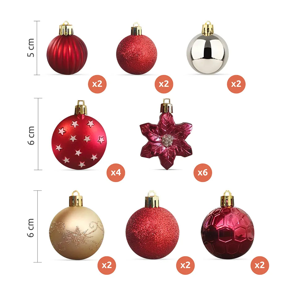 Palline di Natale e decorazioni da 30 a 90 mm, rosso e bianco con puntale // Set 58 Pezzi