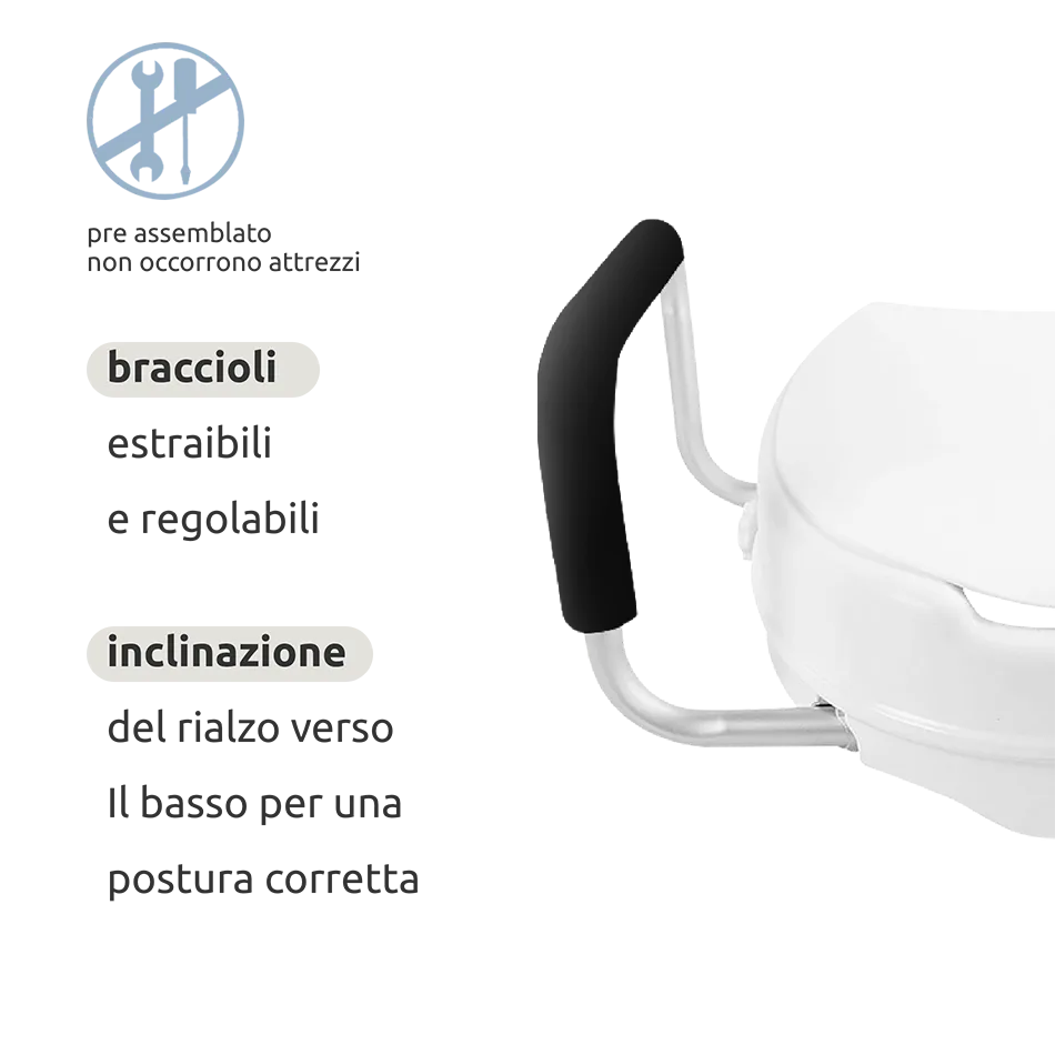 Rialzo wc anatomico con braccioli imbottiti, copriwater e sistema di fissaggio laterale // Go Funny