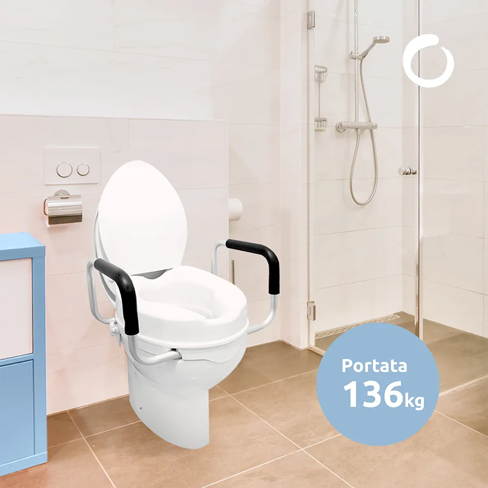 Rialzo wc anatomico con braccioli imbottiti, copriwater e sistema di fissaggio laterale // Go Funny