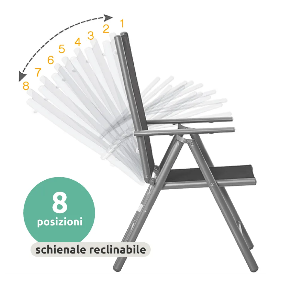Set sedie pieghevoli da esterno in alluminio e textilene con schienale regolabile // Go Favara grigio