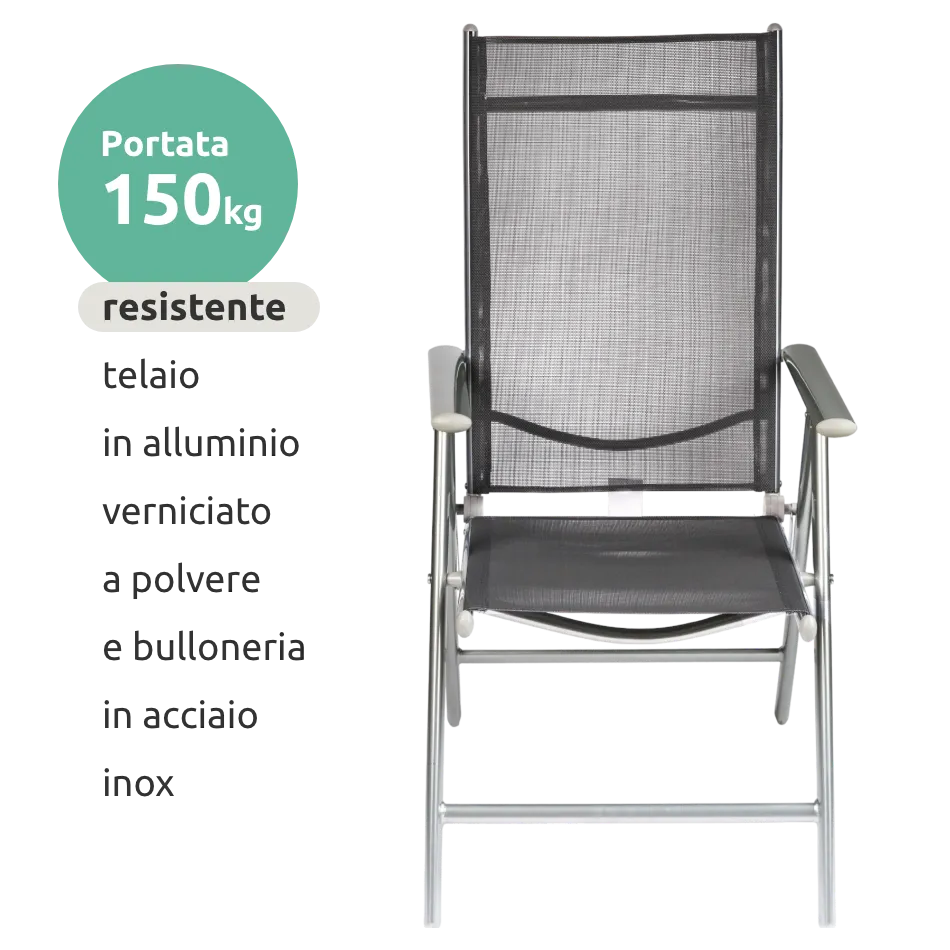 Set sedie pieghevoli da esterno in alluminio e textilene con schienale regolabile // Go Favara grigio