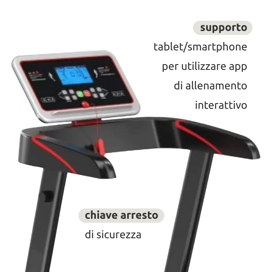 Tapis roulant elettrico entry level prestazioni elevate, Motore DC 2.0 HP, Area corsa 39 x 100cm, Velocità 12,8 km/h, Ammortizzatori antirumore, Pieghevole, Salva spazio // PRO100