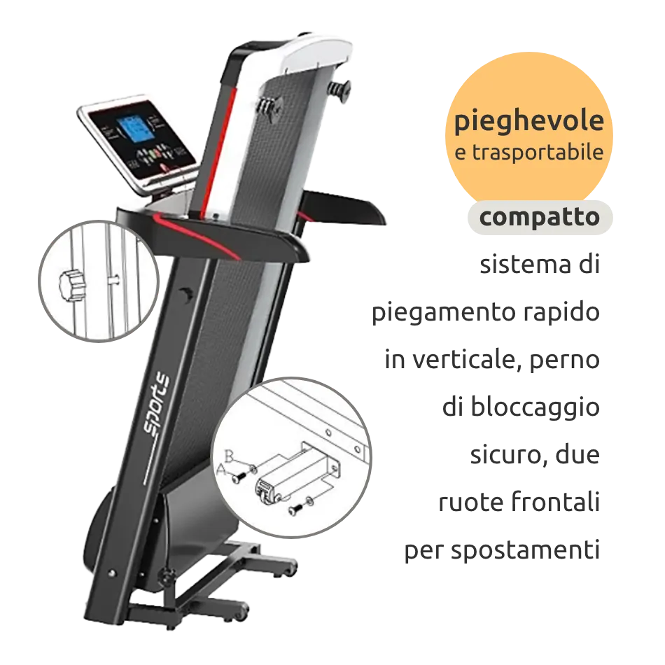 Tapis roulant elettrico entry level prestazioni elevate, Motore DC 2.0 HP, Area corsa 39 x 100cm, Velocità 12,8 km/h, Ammortizzatori antirumore, Pieghevole, Salva spazio // PRO100