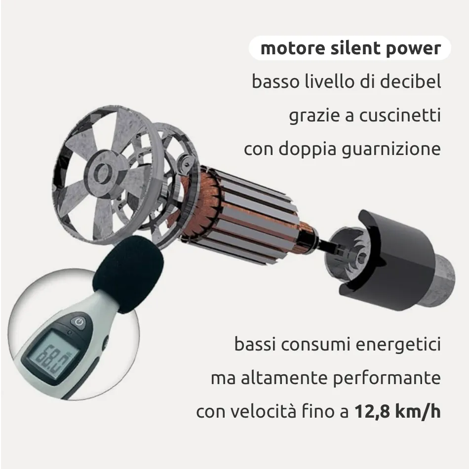 Tapis roulant elettrico entry level prestazioni elevate, Motore DC 2.0 HP, Area corsa 39 x 100cm, Velocità 12,8 km/h, Ammortizzatori antirumore, Pieghevole, Salva spazio // PRO100