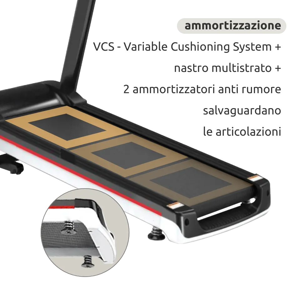 Tapis roulant elettrico entry level prestazioni elevate, Motore DC 2.0 HP, Area corsa 39 x 100cm, Velocità 12,8 km/h, Ammortizzatori antirumore, Pieghevole, Salva spazio // PRO100