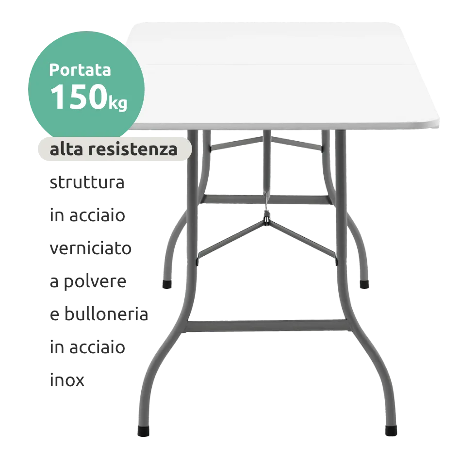 Thinia Home - Set Di 2 Tavoli Pieghevoli Rettangolari Da 180 Cm, Resina E Acciaio, Per Esterno E Interno, Campeggio Ed Eventi, Portata 4-6 Persone - 3