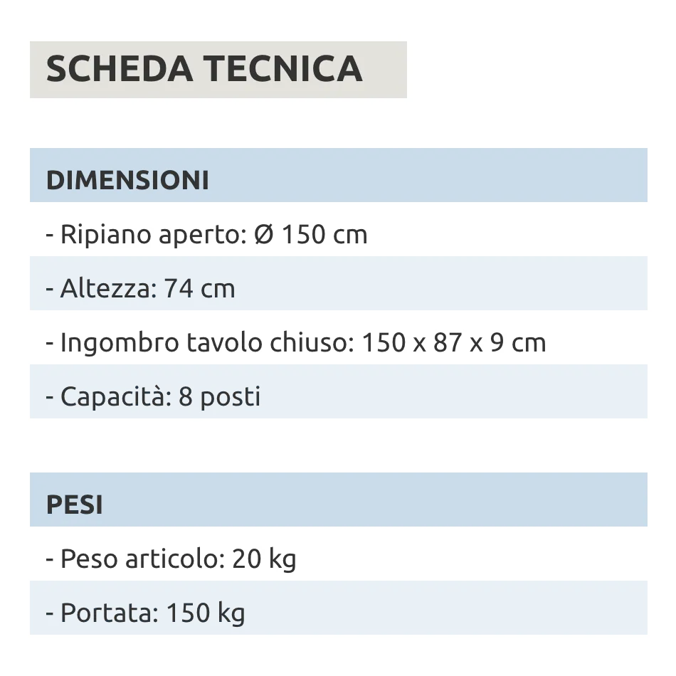 Tavolo rotondo diametro 150 cm da esterno pieghevole con maniglia // linea Go Napea bianco